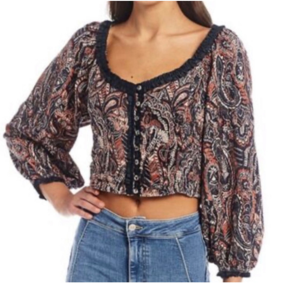 Free People Tops - Free People Dare Me Velvet Paisley Top Blouse S Oversized Balloon Sleeve Boho E6